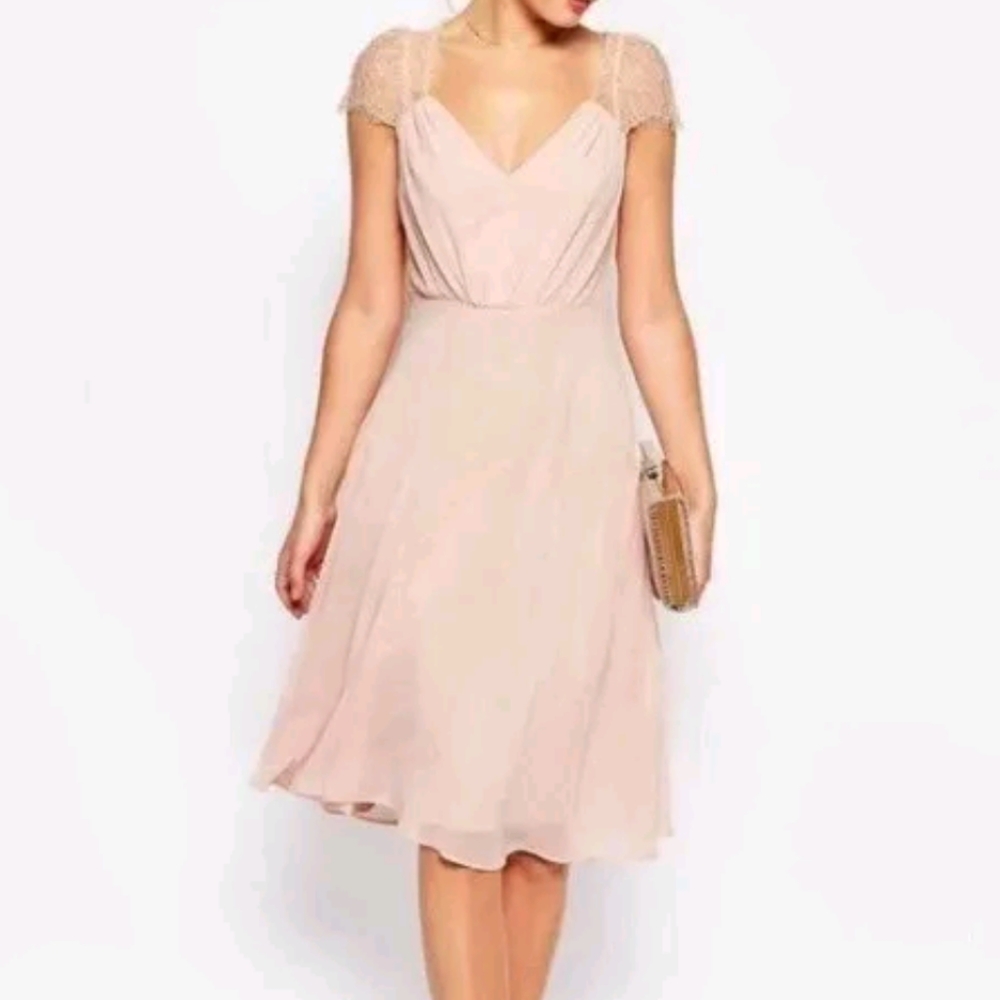 ASOS Pink V Neck Lace Pleated Midi Dress Size 10